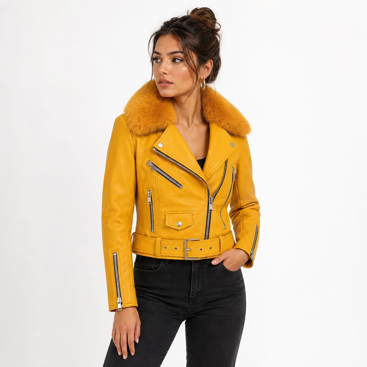 Premium Women Mustard Yellow Biker Leather Jacket – Export Quality - Image 7