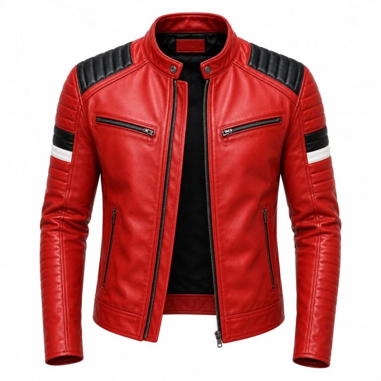 Premium red leather racing motorcycle jacket with black quilted shoulders and white arm stripes