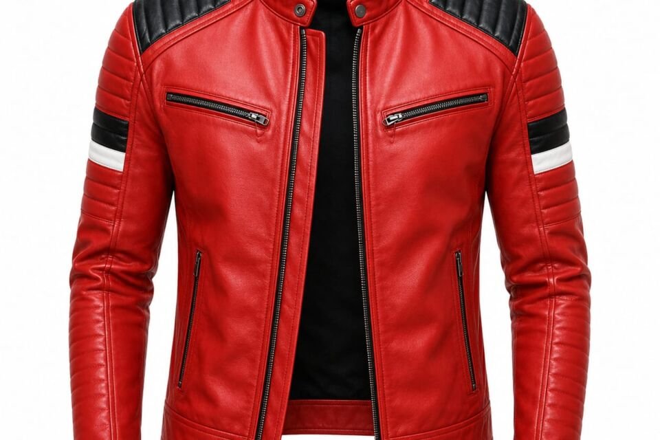 Premium red leather racing motorcycle jacket with black quilted shoulders and white arm stripes