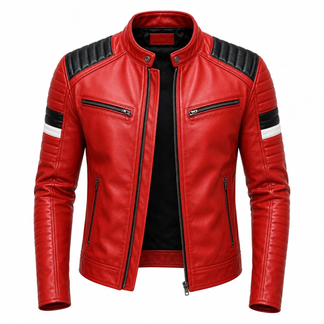 Premium red leather racing motorcycle jacket with black quilted shoulders and white arm stripes
