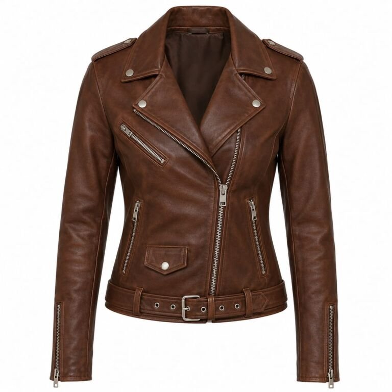 Brown leather women’s biker jacket, front view, fitted silhouette, asymmetrical zip closure, belted waist, silver hardware, zippered pockets and cuffs