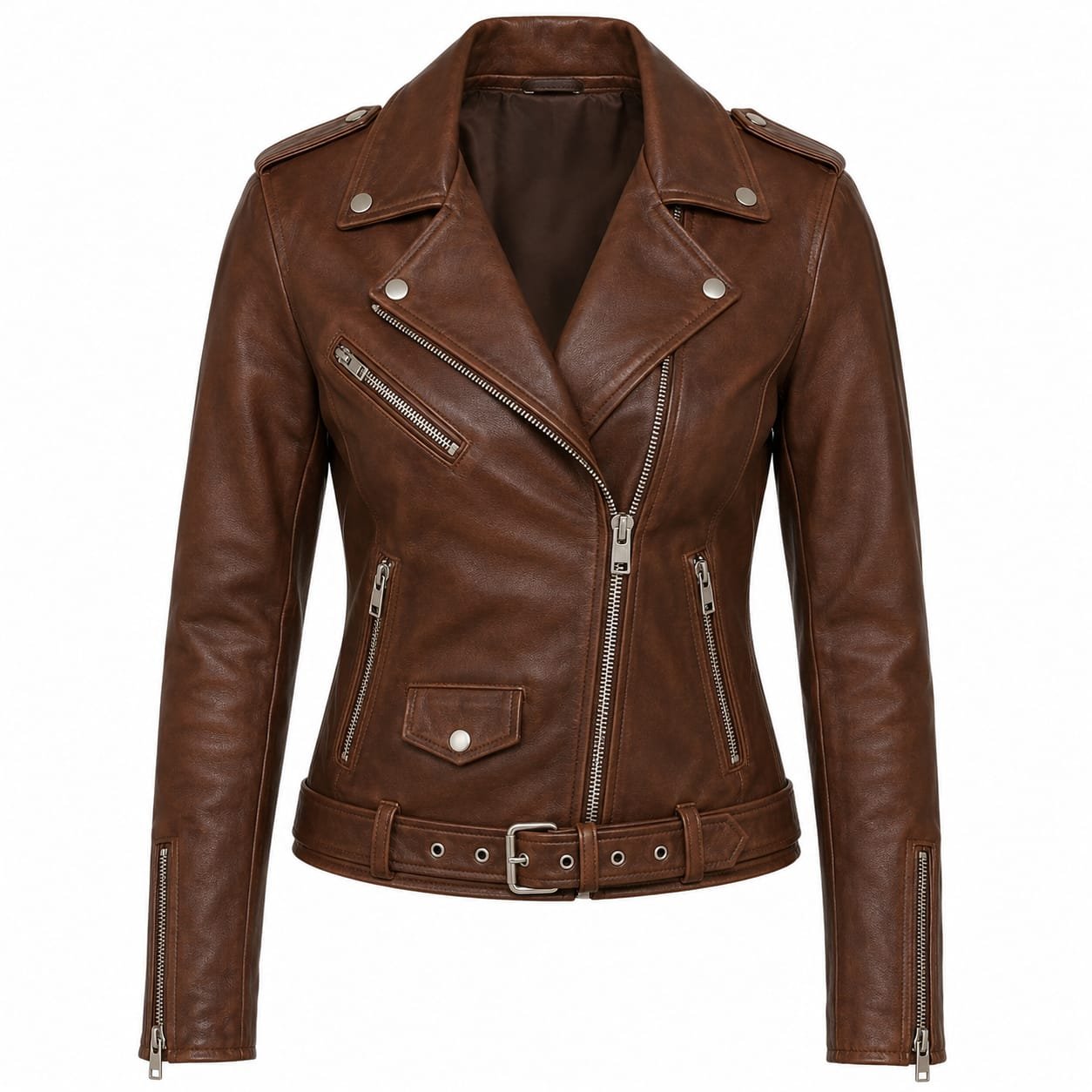 Brown leather women’s biker jacket, front view, fitted silhouette, asymmetrical zip closure, belted waist, silver hardware, zippered pockets and cuffs