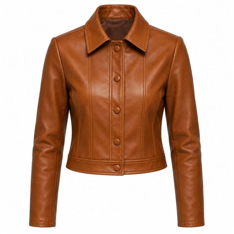 Women’s cognac brown leather jacket, front view, cropped tailored fit, pointed collar, button-front closure, long sleeves, structured seams and belted hem, isolated on a clean white background