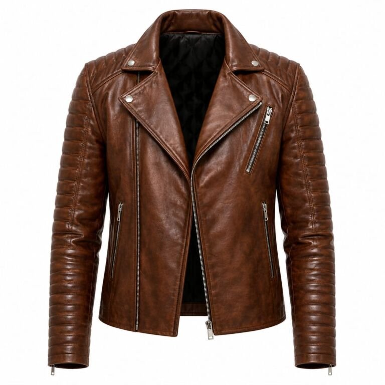 Men’s brown leather quilted biker jacket with asymmetrical zipper, padded ribbed sleeves, snap-button lapels, multiple zippered pockets and black quilted lining, isolated on a white background.