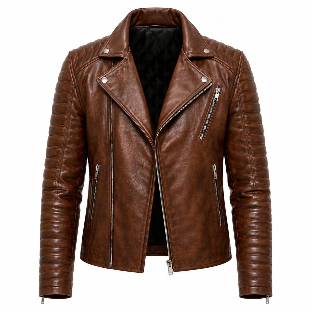 Men’s brown leather quilted biker jacket with asymmetrical zipper, padded ribbed sleeves, snap-button lapels, multiple zippered pockets and black quilted lining, isolated on a white background.