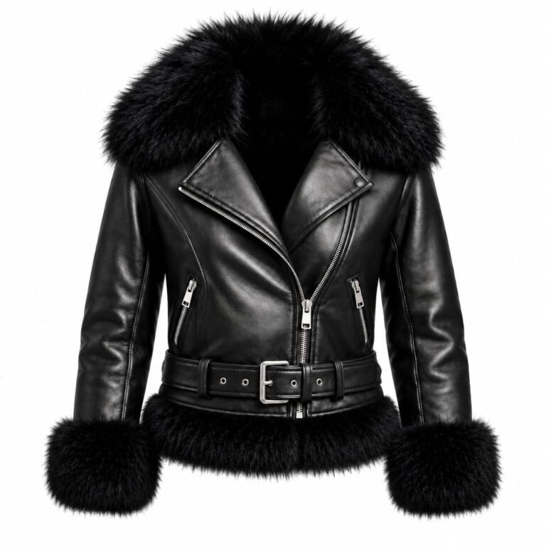 Women black shearling leather jacket biker style