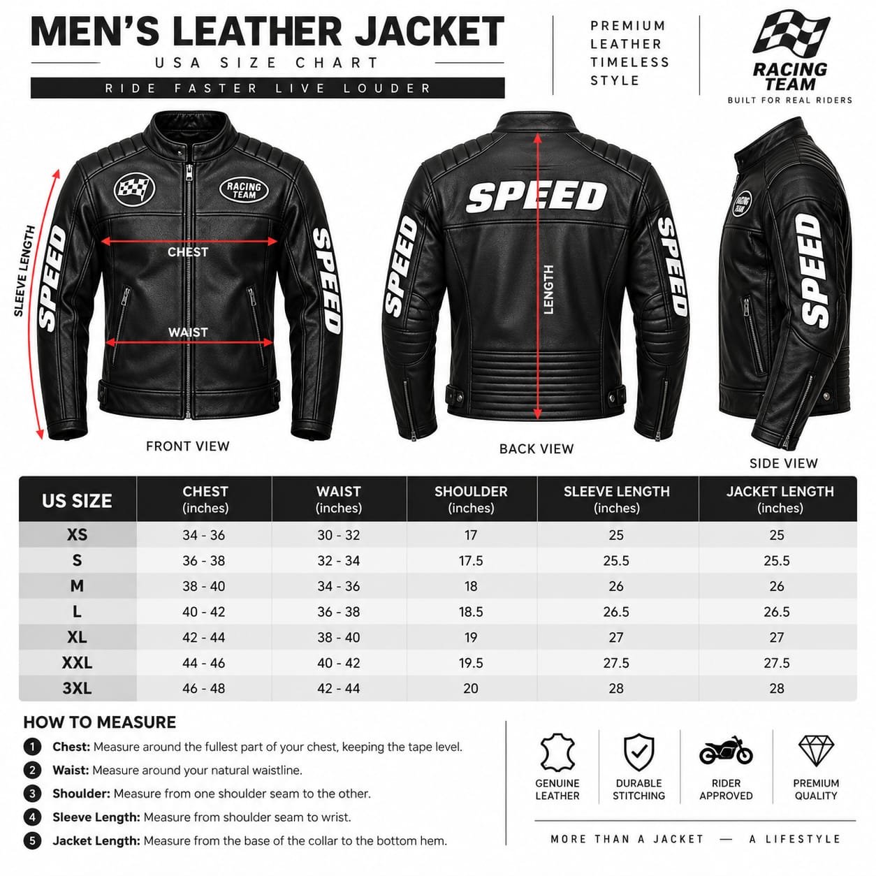 Black genuine leather racing motorcycle jacket with padded shoulders, stand-up collar, front zipper, zippered pockets, racing patches, and bold SPEED sleeve graphics.