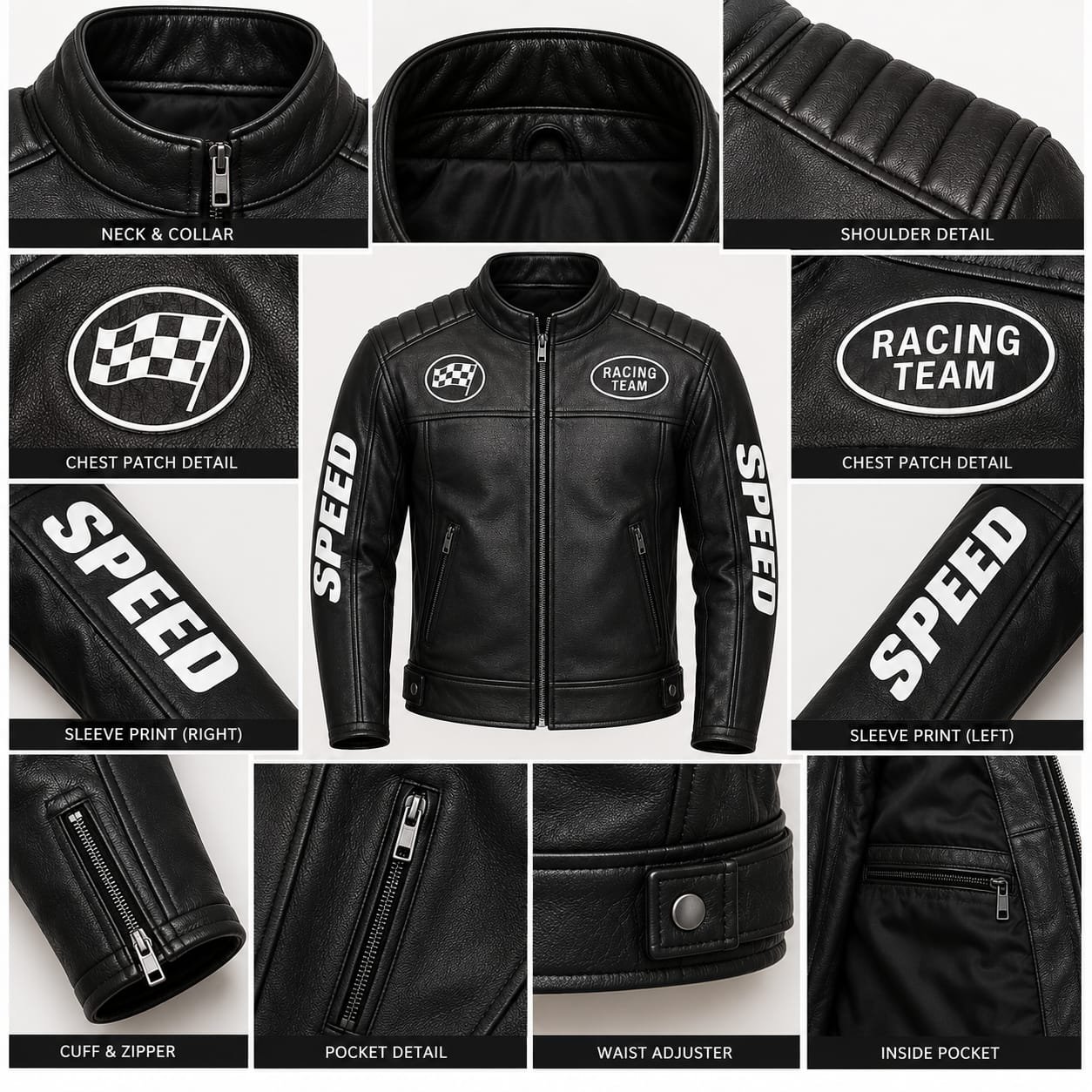 Men’s Black Racing Team Leather Jacket - Image 4