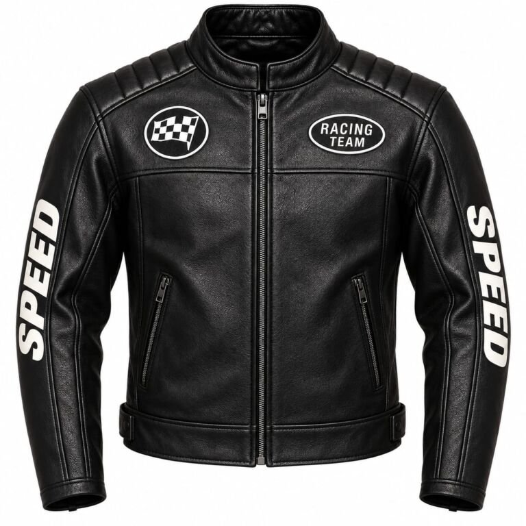 **ALT Text:** Black genuine leather racing motorcycle jacket with padded shoulders, stand-up collar, front zipper, zippered pockets, racing patches, and bold SPEED sleeve graphics.