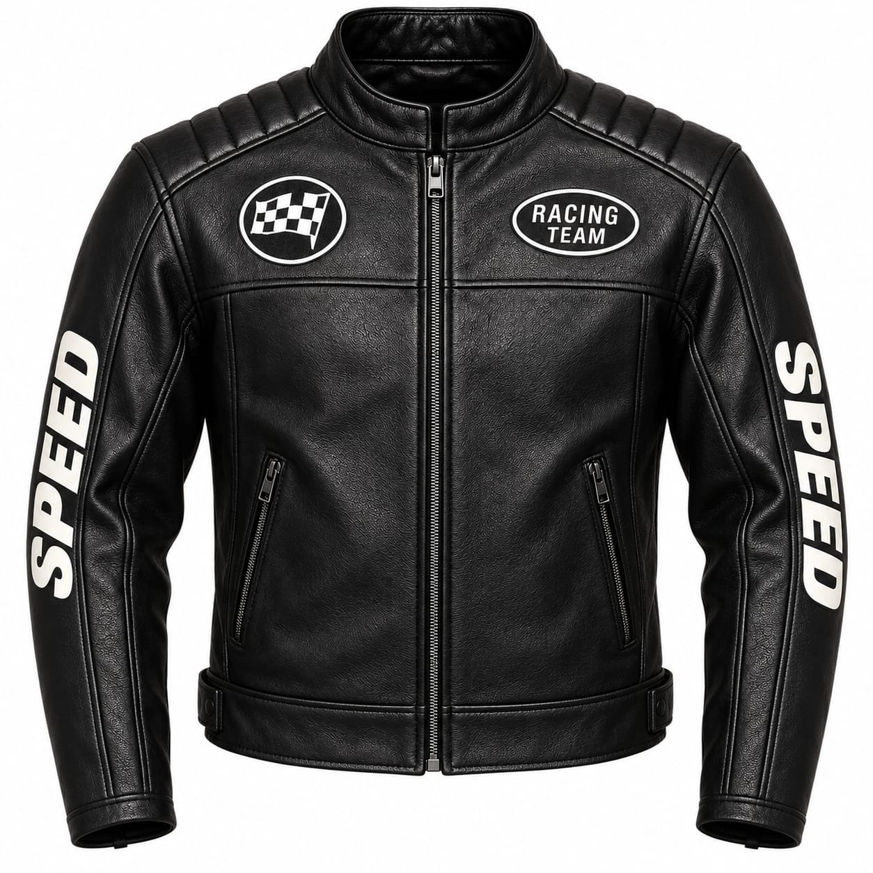 **ALT Text:** Black genuine leather racing motorcycle jacket with padded shoulders, stand-up collar, front zipper, zippered pockets, racing patches, and bold SPEED sleeve graphics.