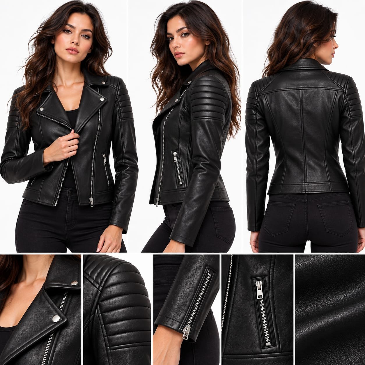 Women’s Classic Black Biker Leather Jacket - Image 4