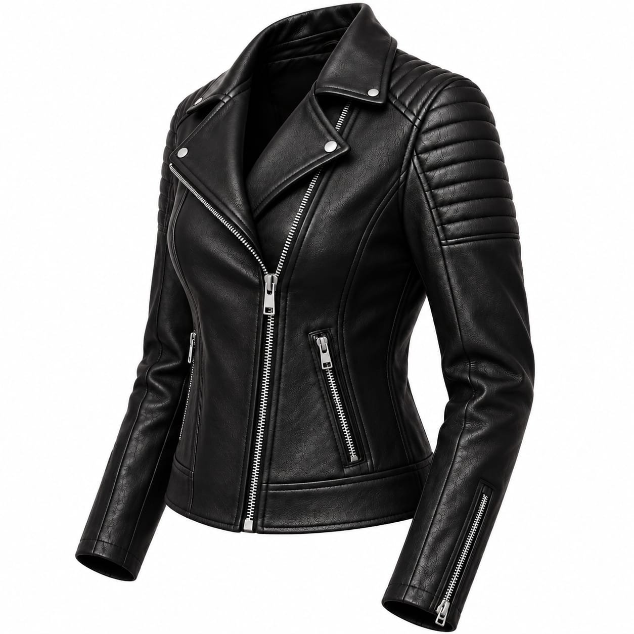 Black leather biker jacket with quilted shoulders, wide notched lapels, asymmetrical zip closure and multiple zippered pockets