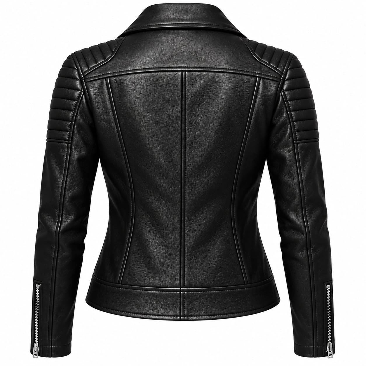 Black leather biker jacket with quilted shoulders, wide notched lapels, asymmetrical zip closure and multiple zippered pockets