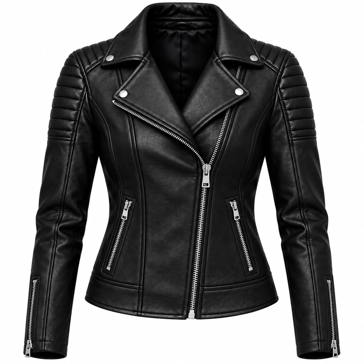 Black leather biker jacket with quilted shoulders, wide notched lapels, asymmetrical zip closure and multiple zippered pockets.
