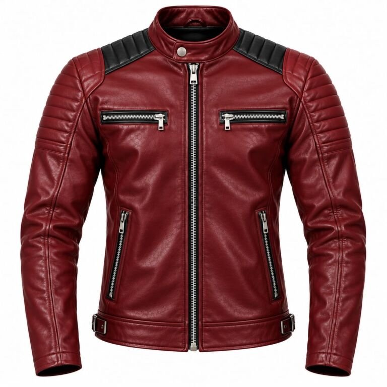 Burgundy red leather biker jacket with black quilted shoulder panels, stand collar, silver zippers and adjustable waist straps