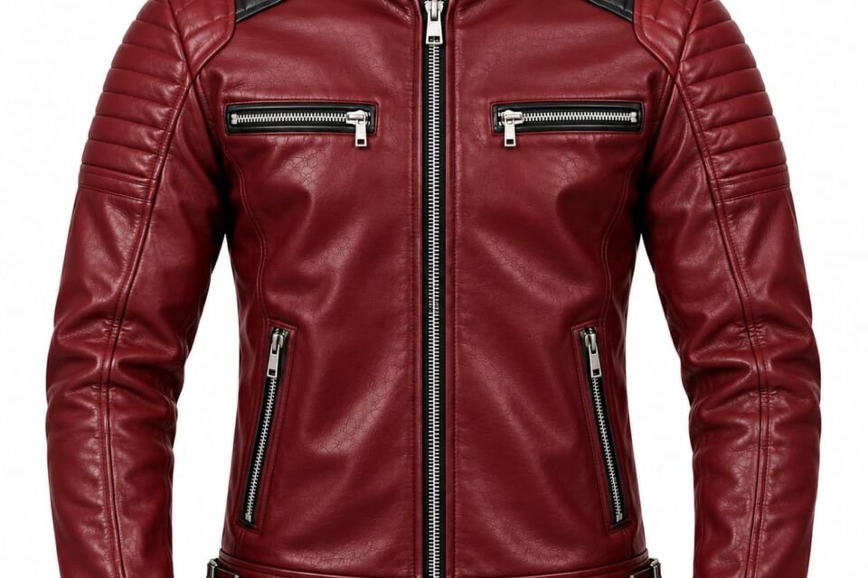 Burgundy red leather biker jacket with black quilted shoulder panels, stand collar, silver zippers and adjustable waist straps