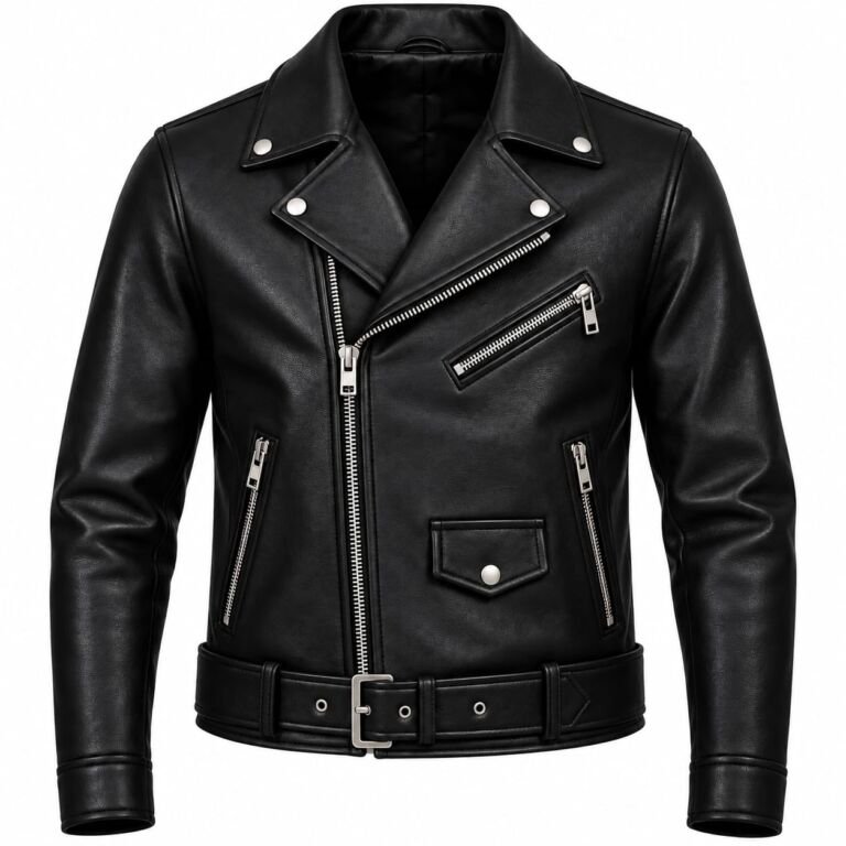 Men’s black leather biker jacket with asymmetrical front zipper, wide lapel collar, multiple zip pockets and adjustable waist belt.