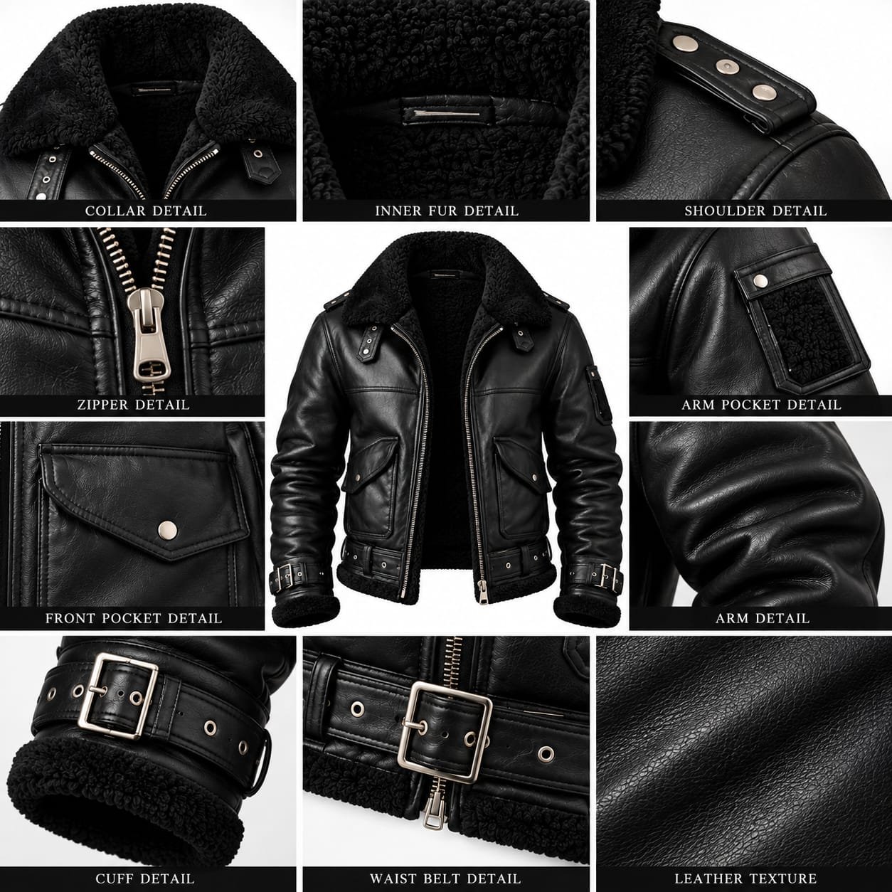 Black Leather Shearling Aviator Jacket for Men, Fur Collar Bomber Coat with Belted Waist and Cuffed Sleeves