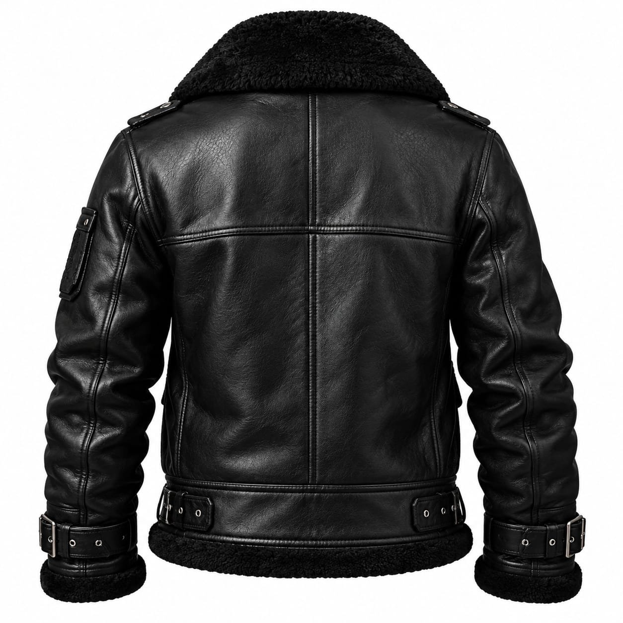 Black Leather Shearling Aviator Jacket for Men, Fur Collar Bomber Coat with Belted Waist and Cuffed Sleeves