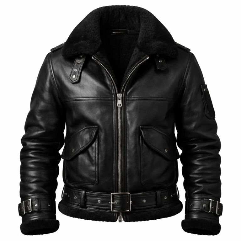 Black Leather Shearling Aviator Jacket for Men, Fur Collar Bomber Coat with Belted Waist and Cuffed Sleeves
