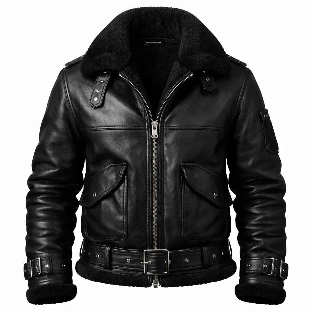 Black Leather Shearling Aviator Jacket for Men, Fur Collar Bomber Coat with Belted Waist and Cuffed Sleeves