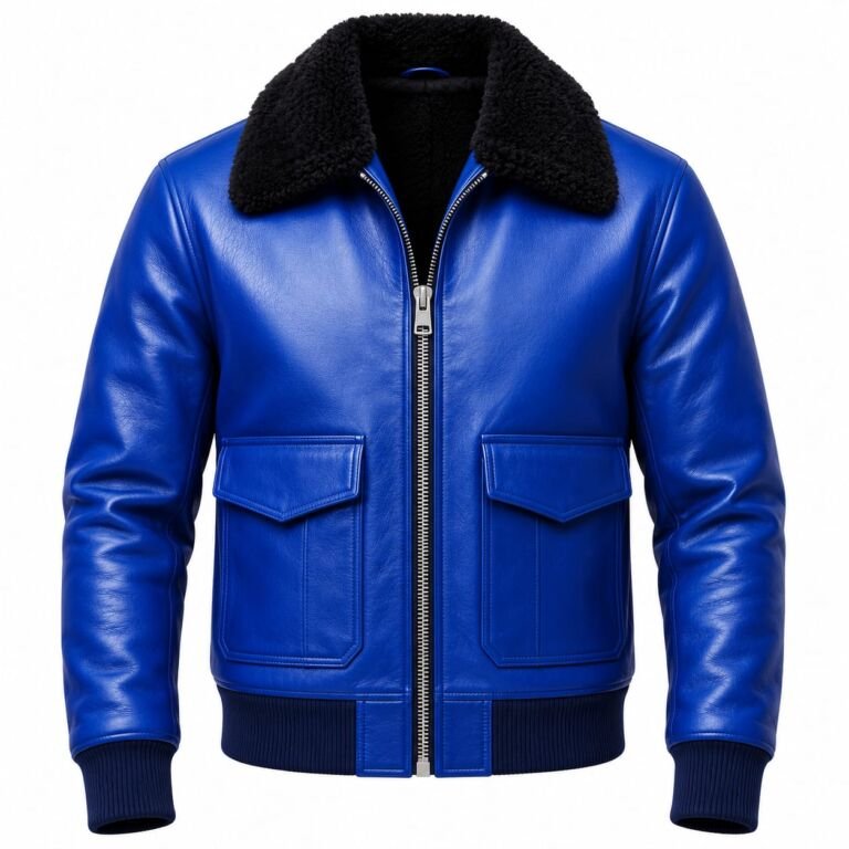 Royal blue leather bomber jacket with black shearling collar, zip front, flap pockets and ribbed cuffs.