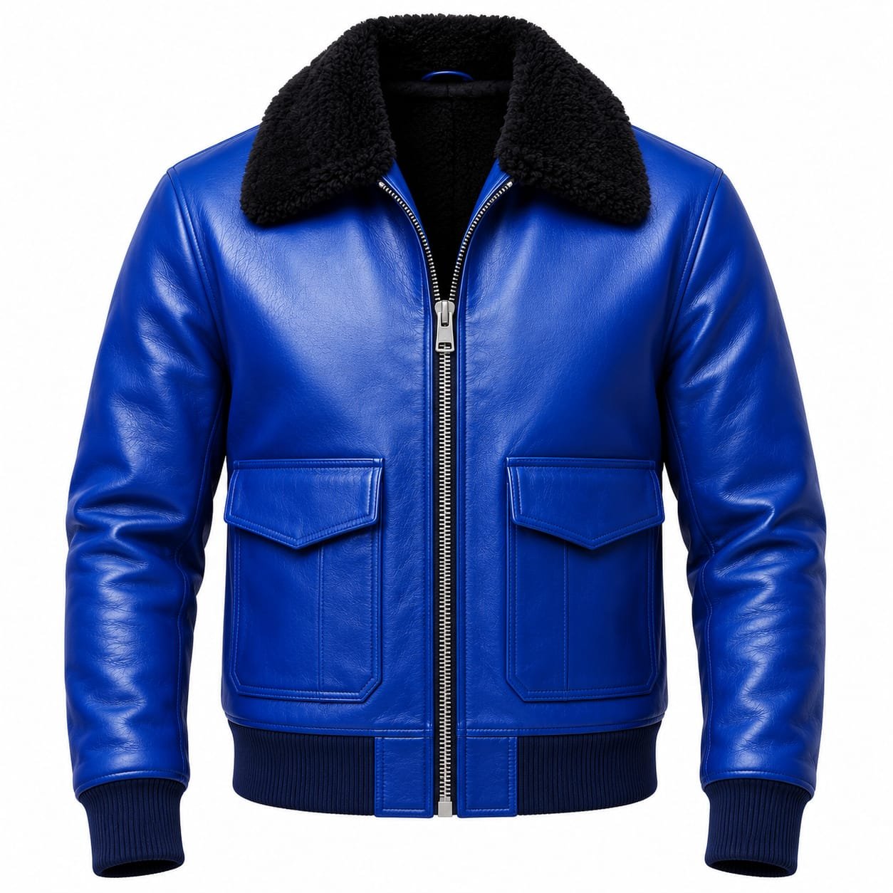 Royal blue leather bomber jacket with black shearling collar, zip front, flap pockets and ribbed cuffs.