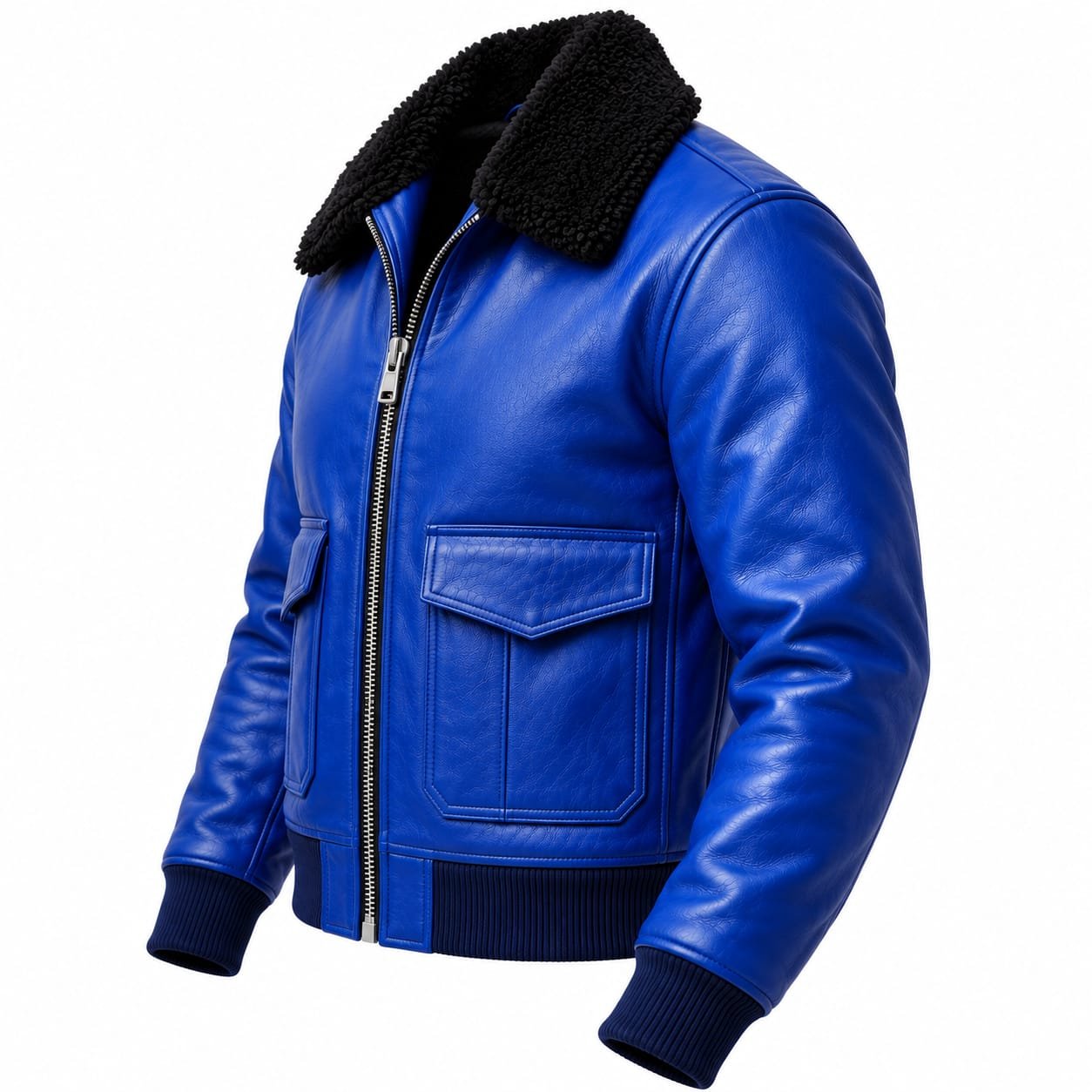 Royal blue leather bomber jacket with black shearling collar, zip front, flap pockets and ribbed cuffs.