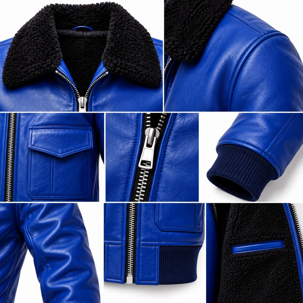 Royal blue leather bomber jacket with black shearling collar, zip front, flap pockets and ribbed cuffs.