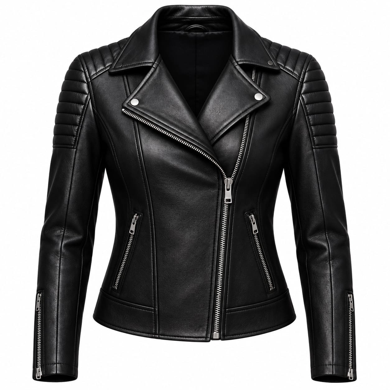 Black leather biker jacket with quilted shoulders, wide notched lapels, asymmetrical zip closure and multiple zippered pockets
