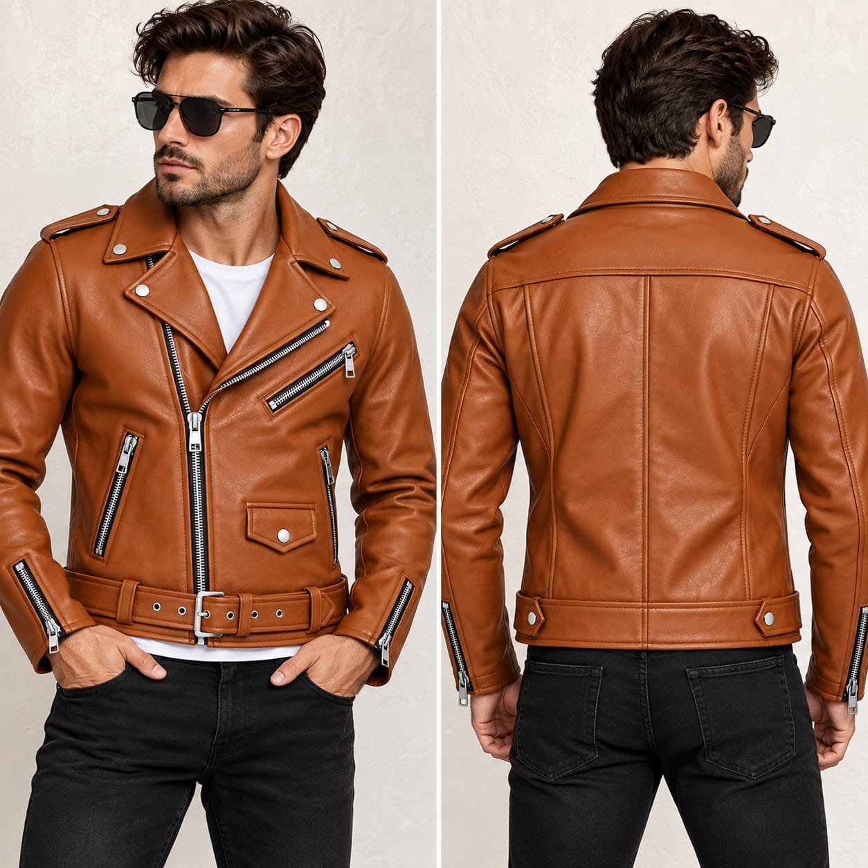 Tan brown leather biker jacket with wide lapel collar, shoulder epaulettes, asymmetrical zipper, multiple zip pockets and adjustable waist belt.