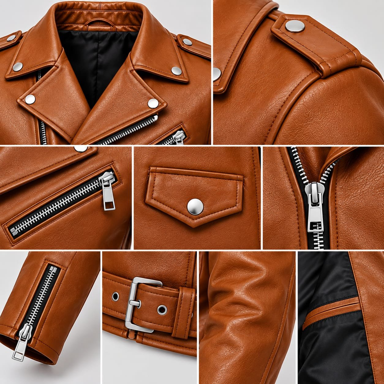 Tan brown leather biker jacket with wide lapel collar, shoulder epaulettes, asymmetrical zipper, multiple zip pockets and adjustable waist belt.
