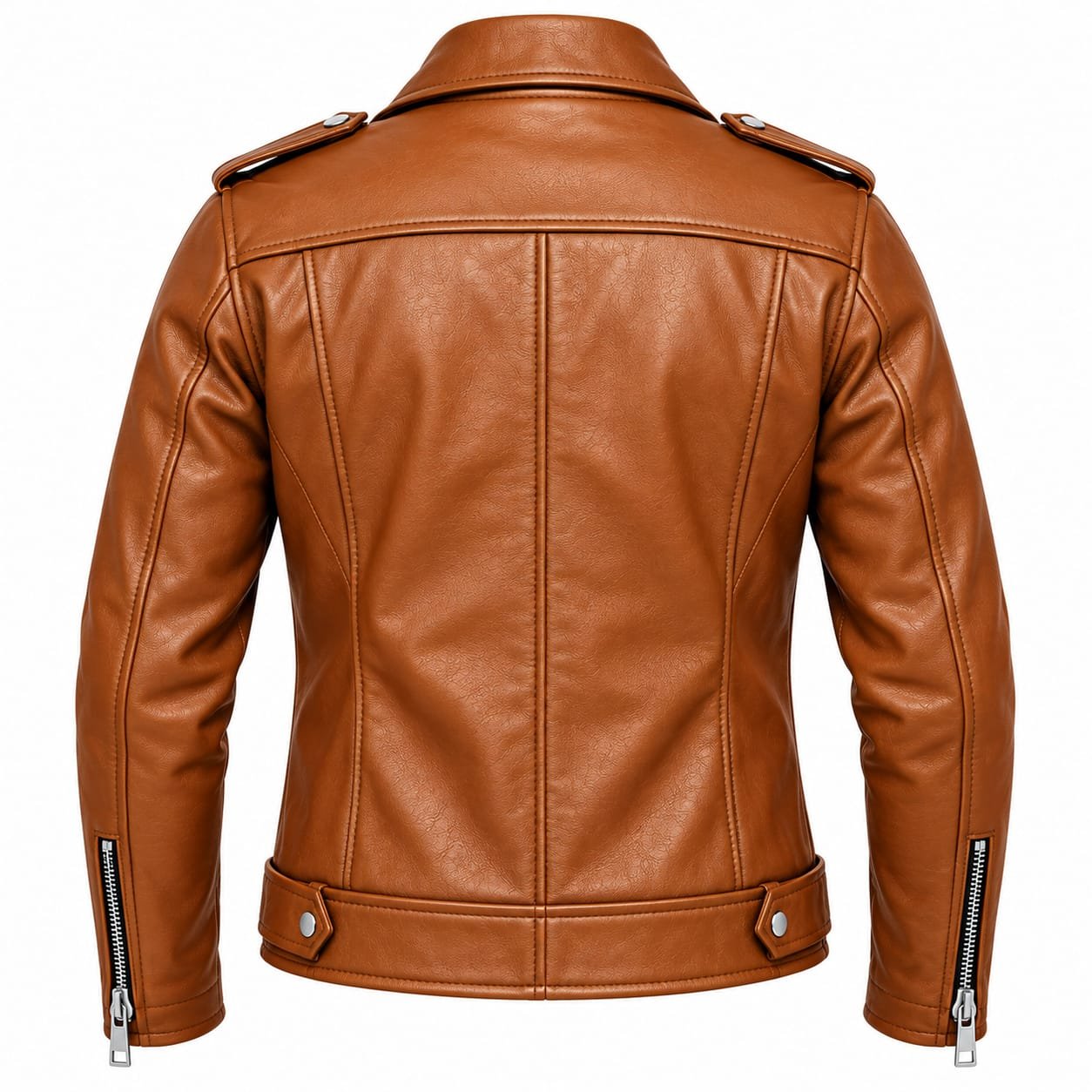 Tan brown leather biker jacket with wide lapel collar, shoulder epaulettes, asymmetrical zipper, multiple zip pockets and adjustable waist belt.