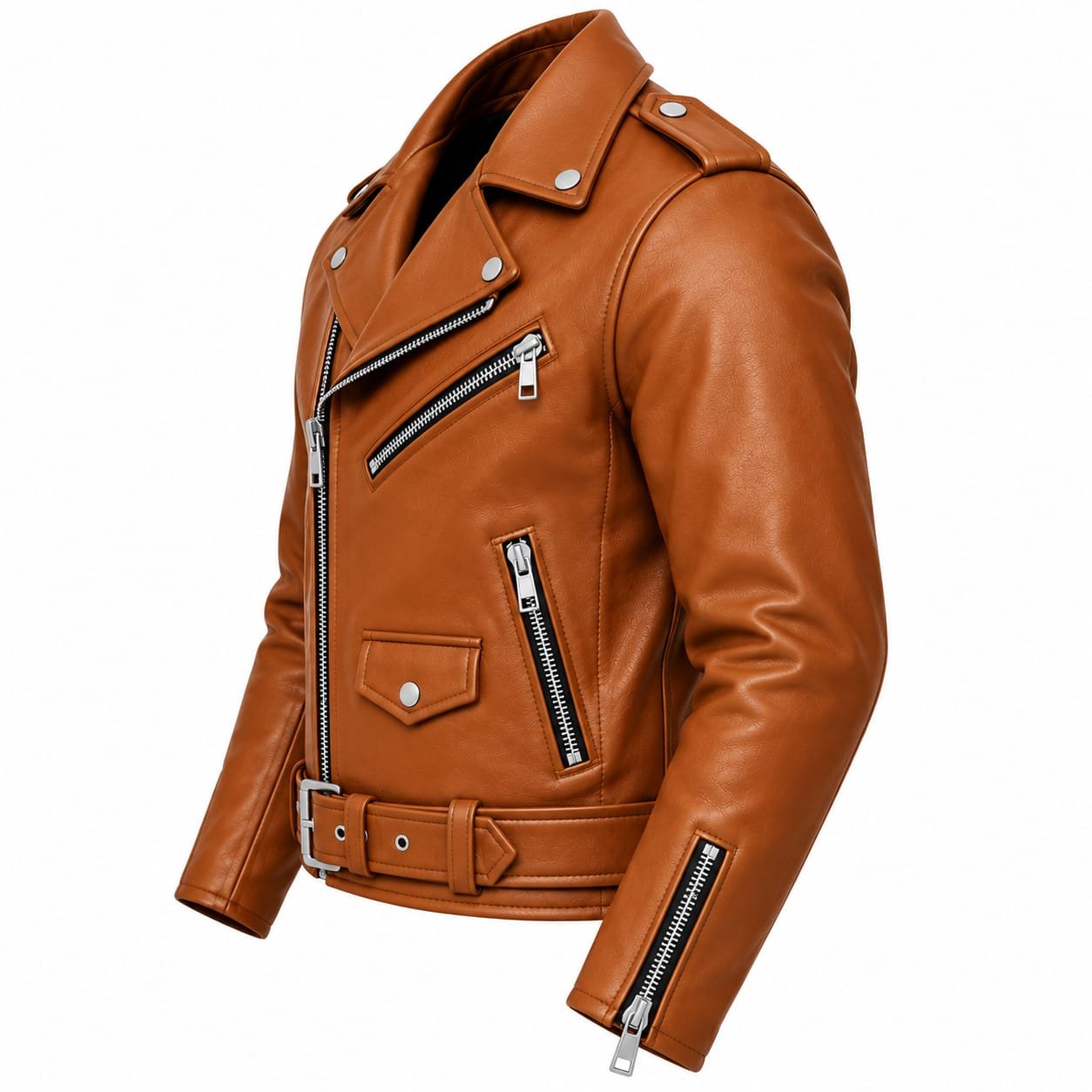 Tan brown leather biker jacket with wide lapel collar, shoulder epaulettes, asymmetrical zipper, multiple zip pockets and adjustable waist belt.