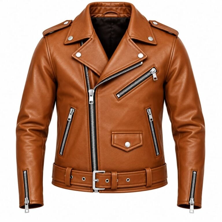 Tan brown leather biker jacket with wide lapel collar, shoulder epaulettes, asymmetrical zipper, multiple zip pockets and adjustable waist belt.