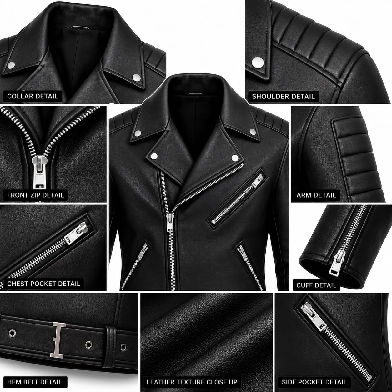 Men’s Black Genuine Leather Biker Jacket with Asymmetrical Zipper, Quilted Shoulders, Multiple Zip Pockets and Belted Waist on White Background