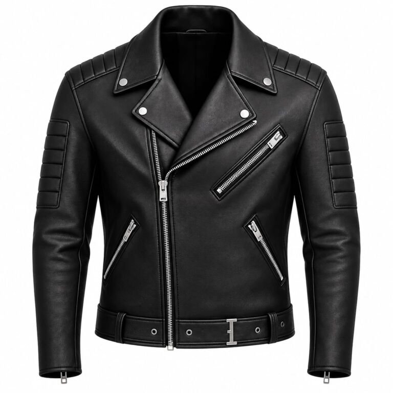 Men’s Black Genuine Leather Biker Jacket with Asymmetrical Zipper, Quilted Shoulders, Multiple Zip Pockets and Belted Waist on White Background