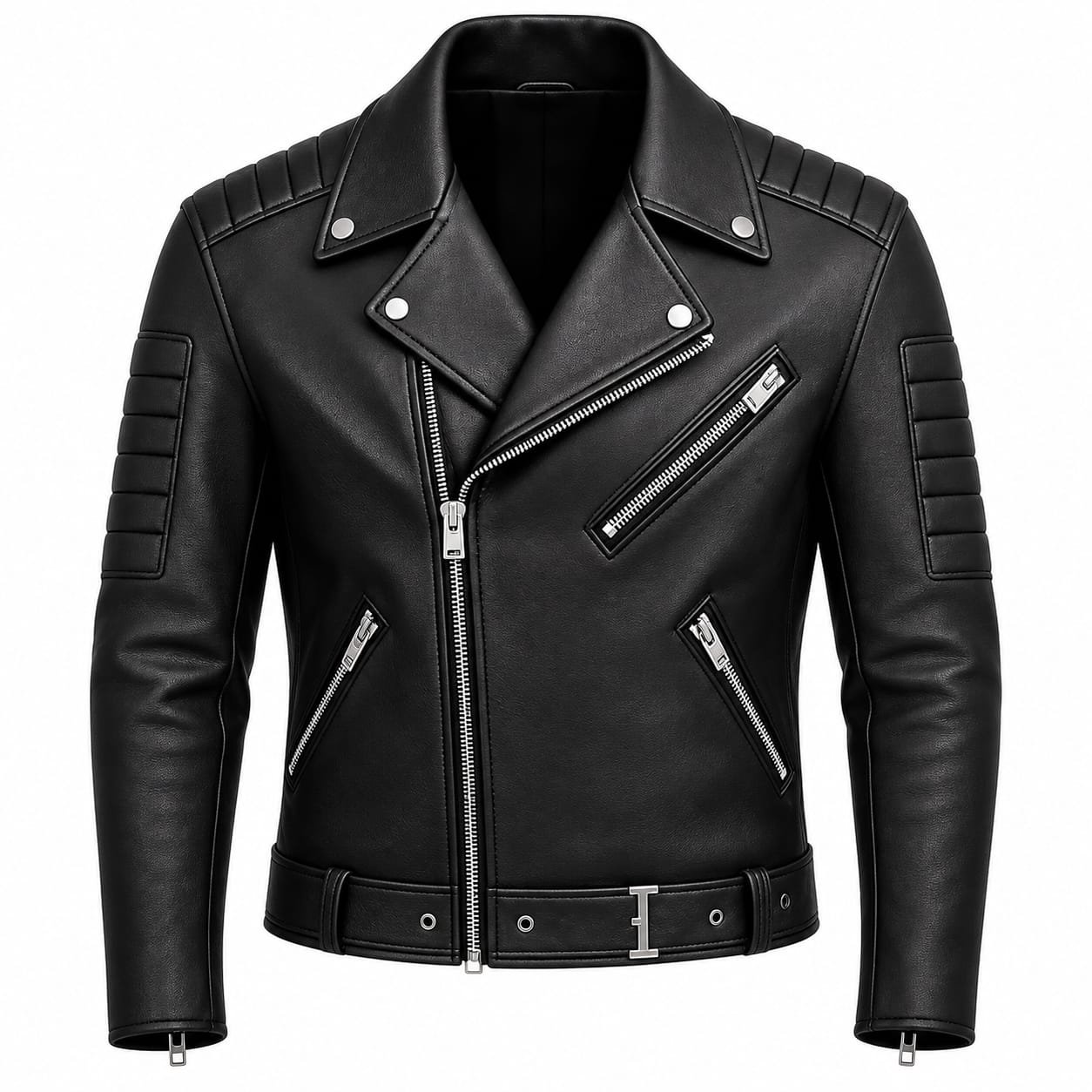 Men’s Black Genuine Leather Biker Jacket with Asymmetrical Zipper, Quilted Shoulders, Multiple Zip Pockets and Belted Waist on White Background