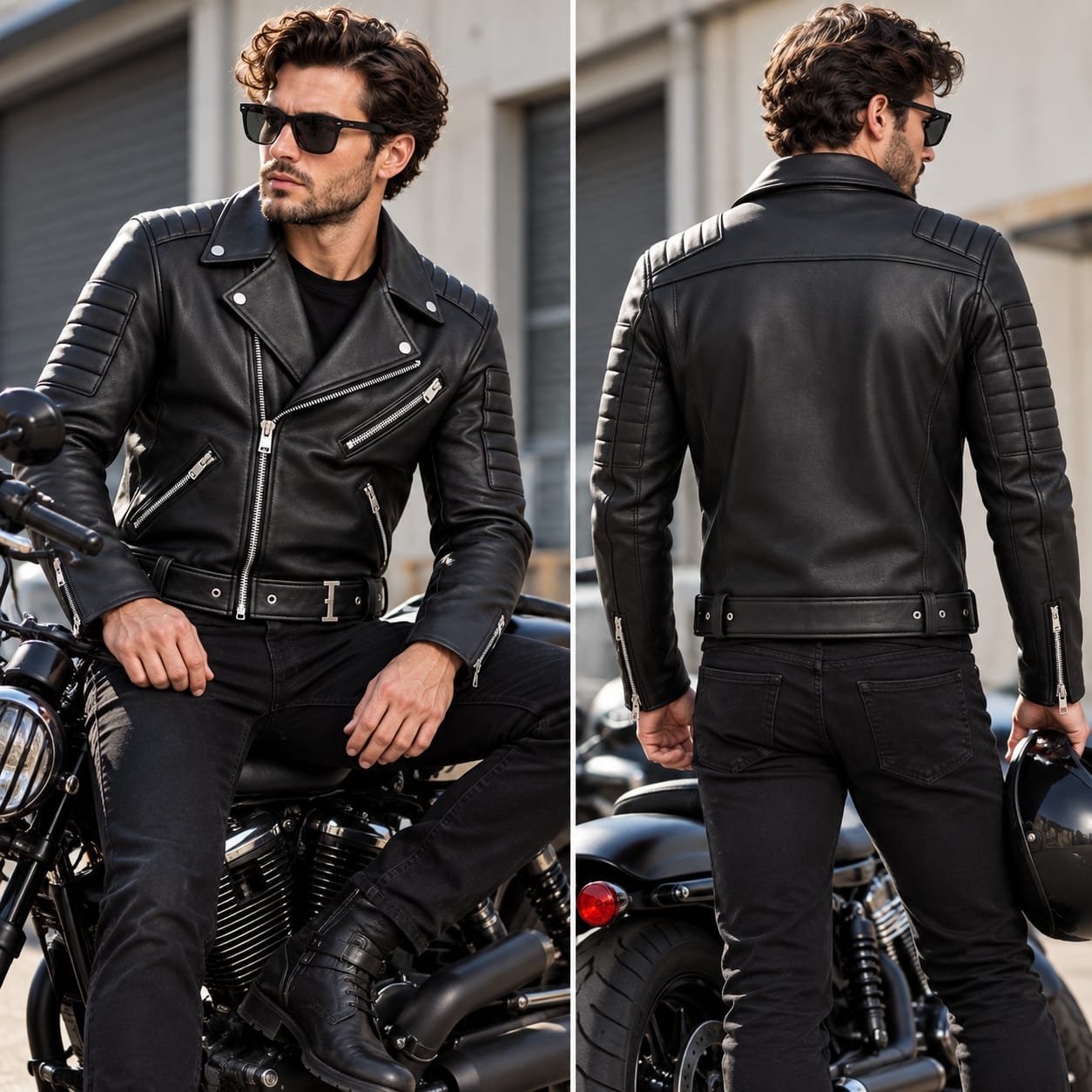 Men Black Classic Biker Leather Jacket - Image 4