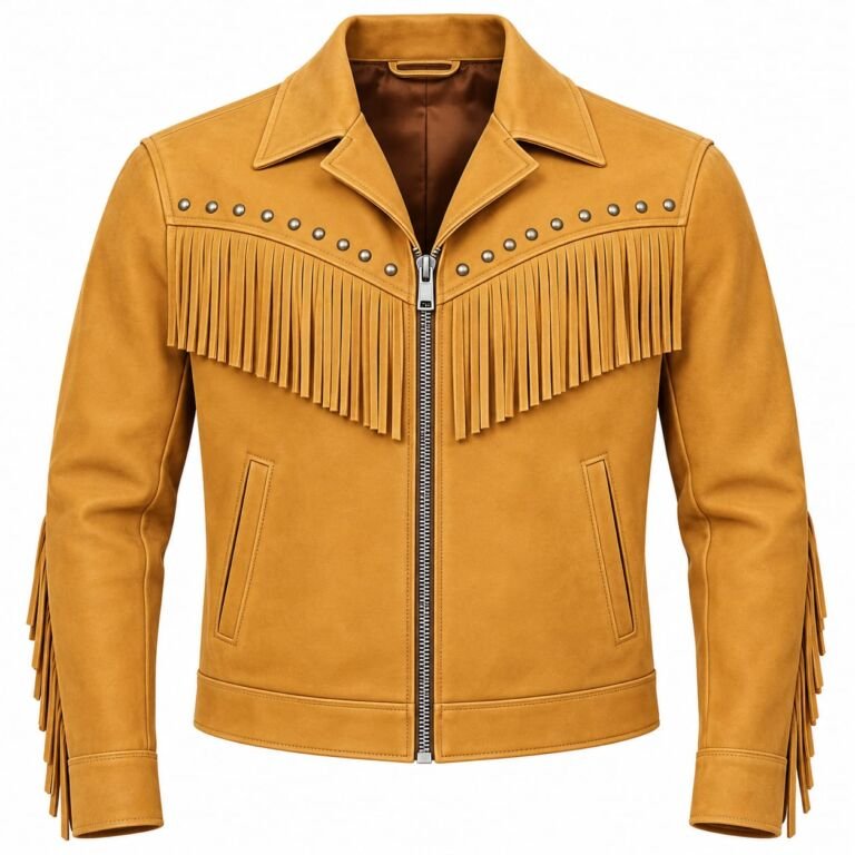 Men’s tan leather fringe jacket with studded detailing and western-style fringe