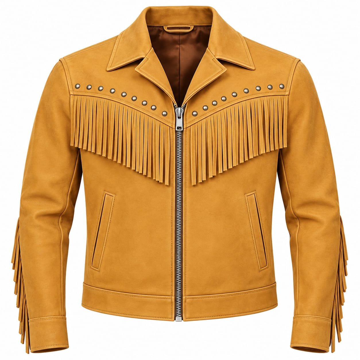 Men’s tan leather fringe jacket with studded detailing and western-style fringe