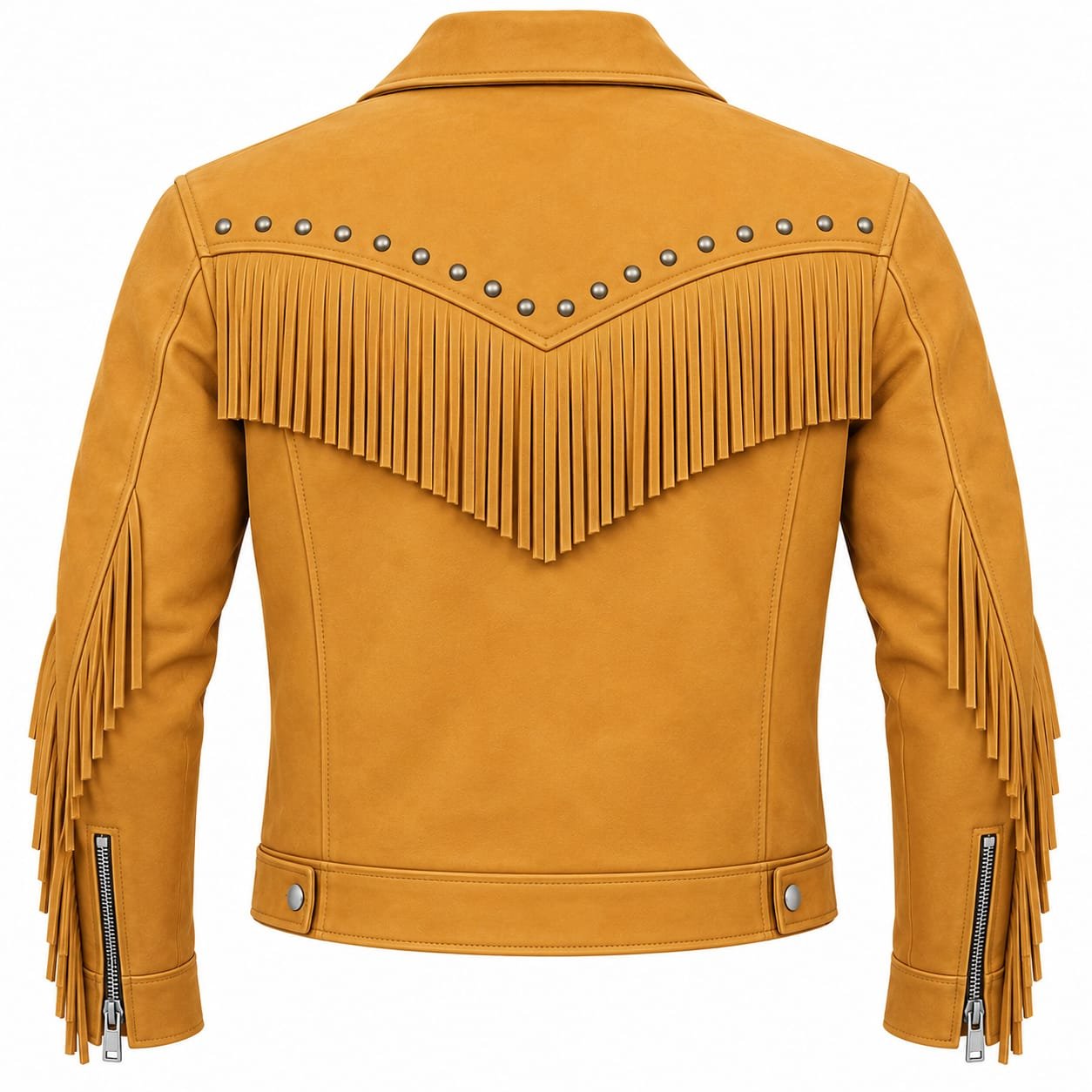 Men’s tan leather fringe jacket with studded detailing and western-style fringe