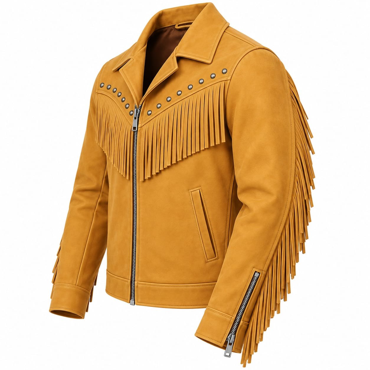 Men’s tan leather fringe jacket with studded detailing and western-style fringe