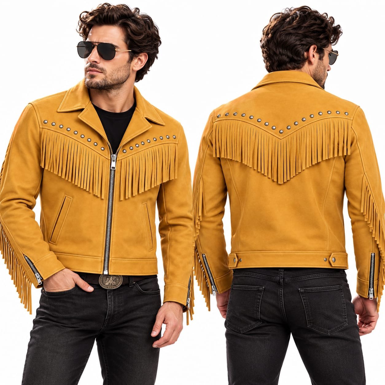 Men’s Tan Fringe Leather Western Jacket, Cowboy Suede Jacket, Western Style Outerwear - Image 6