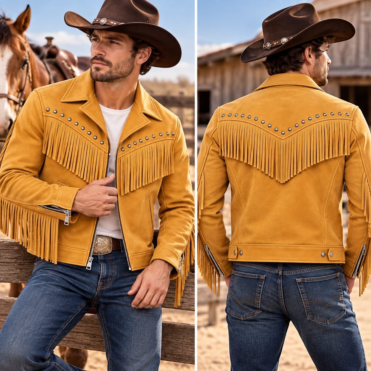 Men’s Tan Fringe Leather Western Jacket, Cowboy Suede Jacket, Western Style Outerwear - Image 4