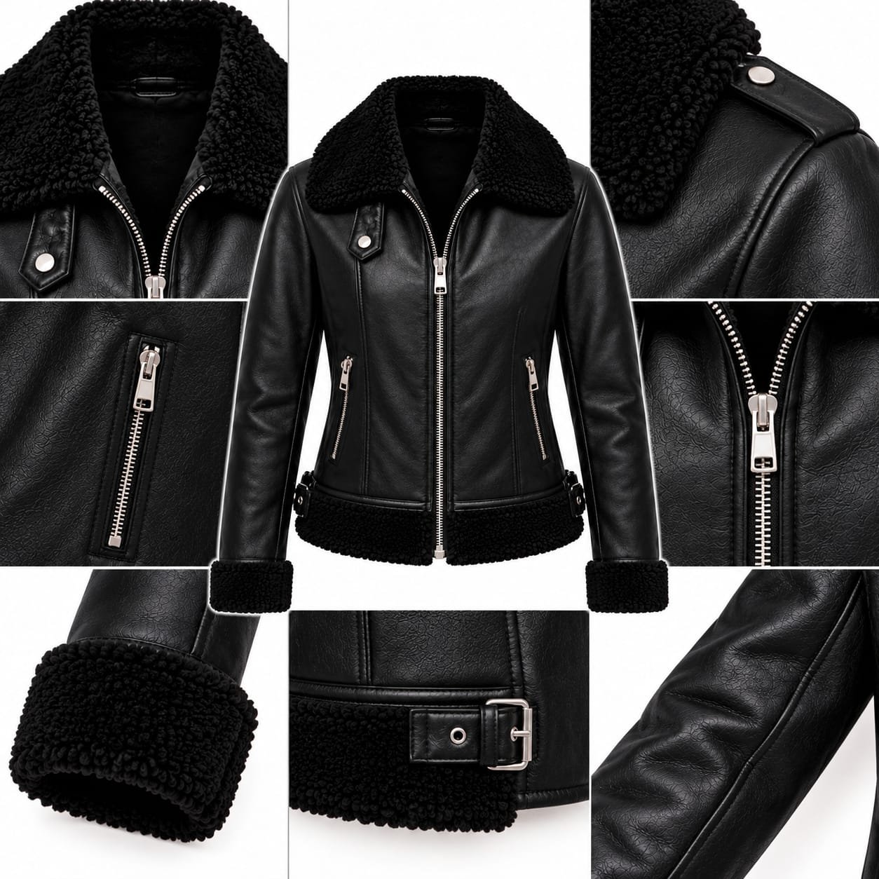 Women's black shearling leather jacket with plush collar, zippered front, side pockets, and shearling cuffs on a white background.