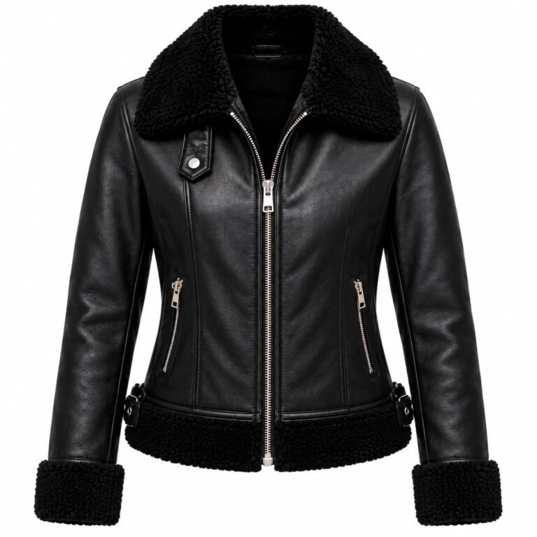 Women's black shearling leather jacket with plush collar, zippered front, side pockets, and shearling cuffs on a white background.