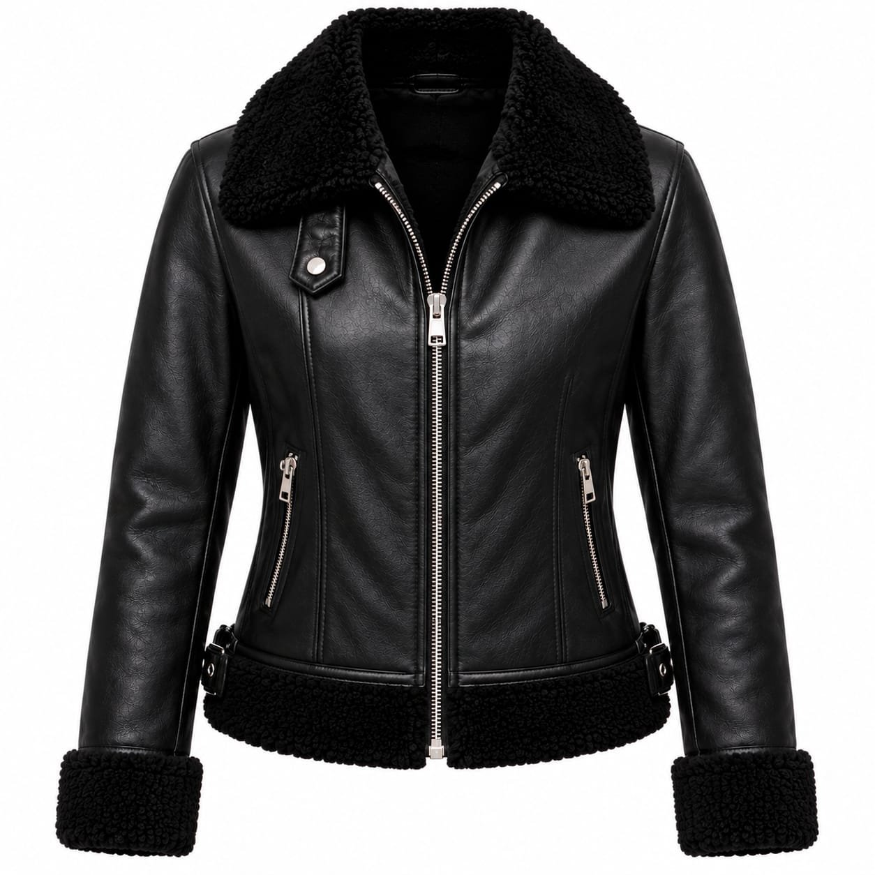 Women's black shearling leather jacket with plush collar, zippered front, side pockets, and shearling cuffs on a white background.
