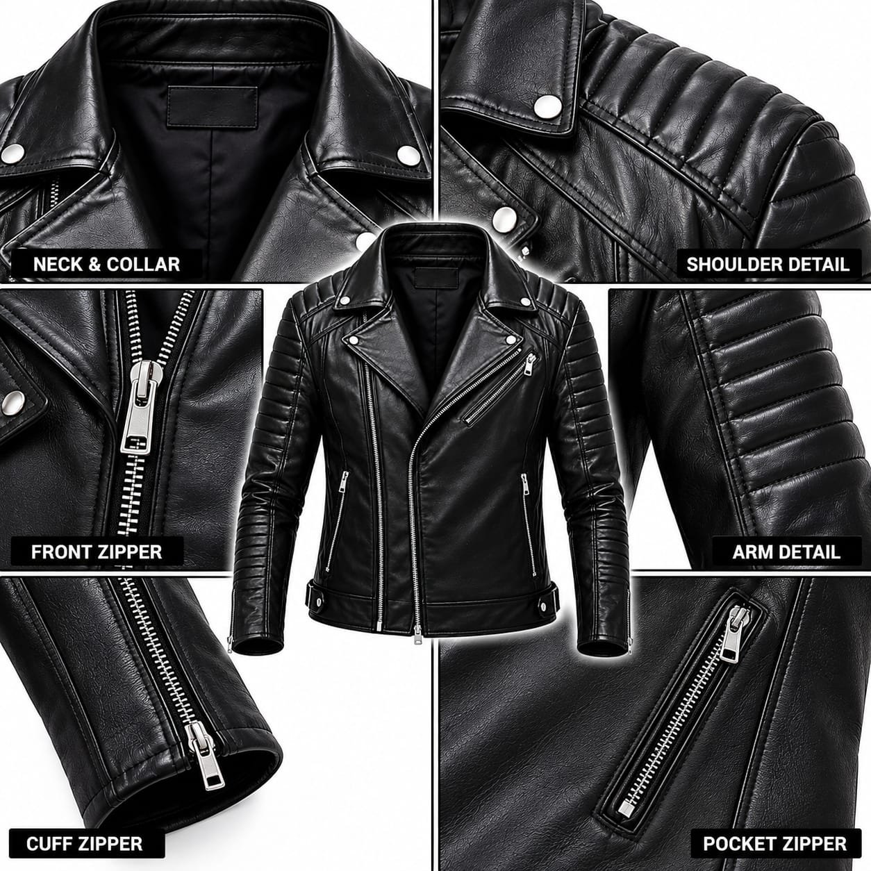 Men's black classic biker leather jacket with zippered front, lapel collar and multiple pockets on a white background.