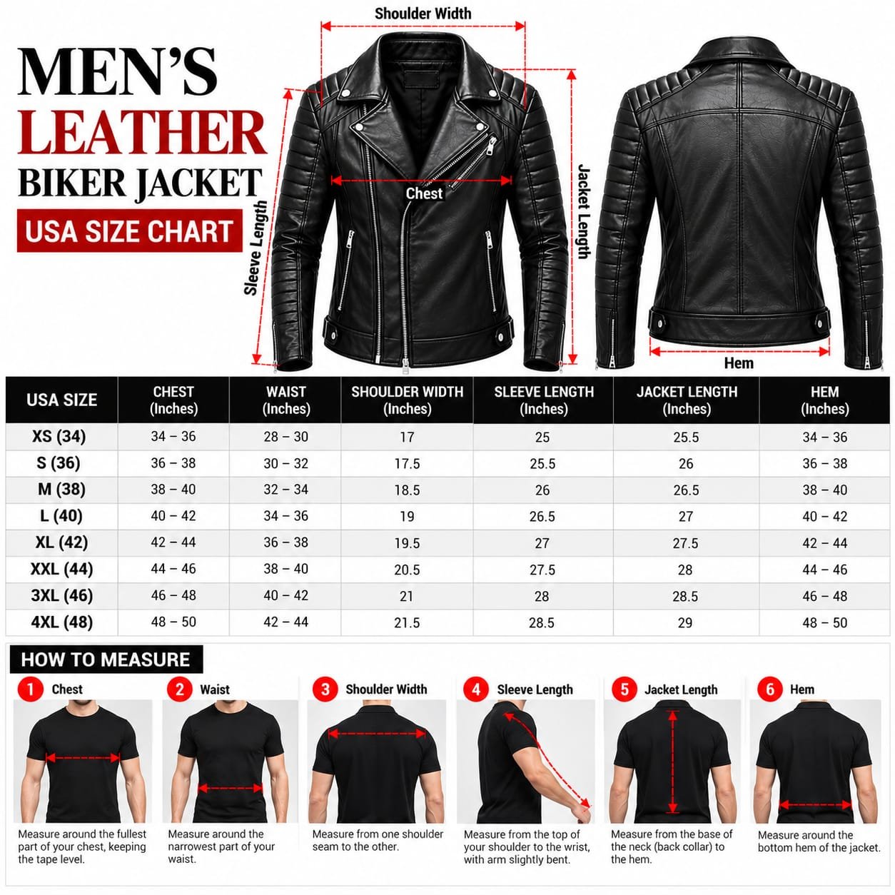Men's black classic biker leather jacket with zippered front, lapel collar and multiple pockets on a white background.
